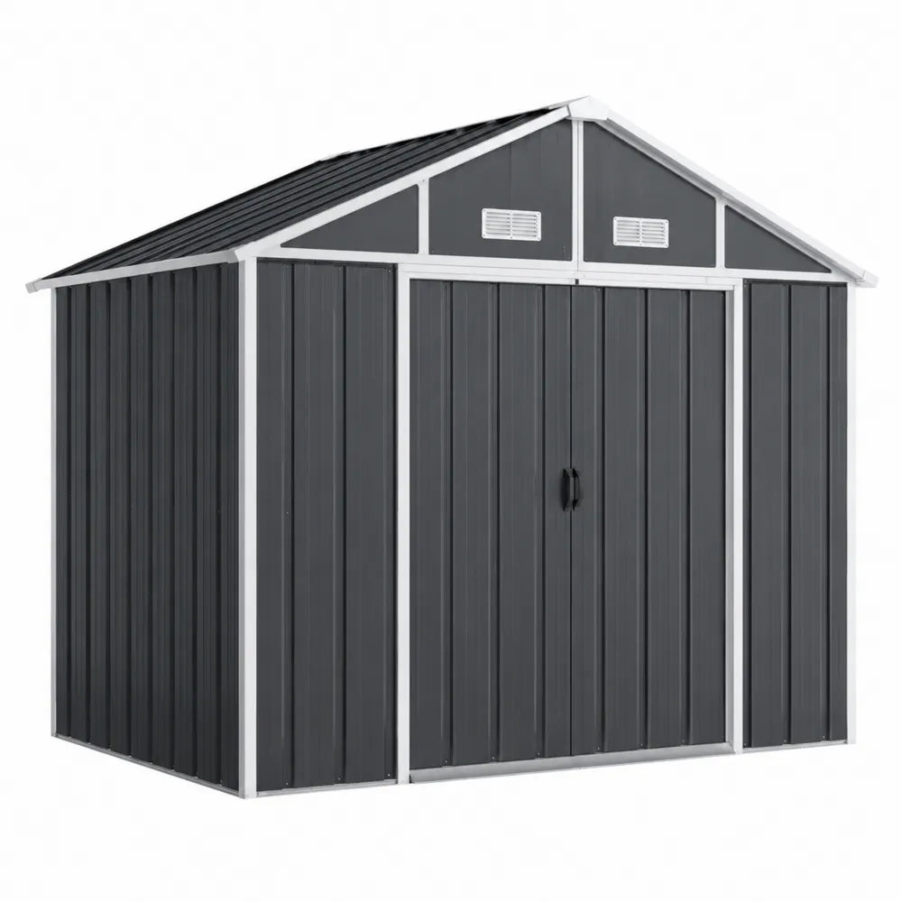 Abri de jardin en acier galvanisé gris anthracite et blanc avec toit double pente 257 cm x 205 cm x 203 cm