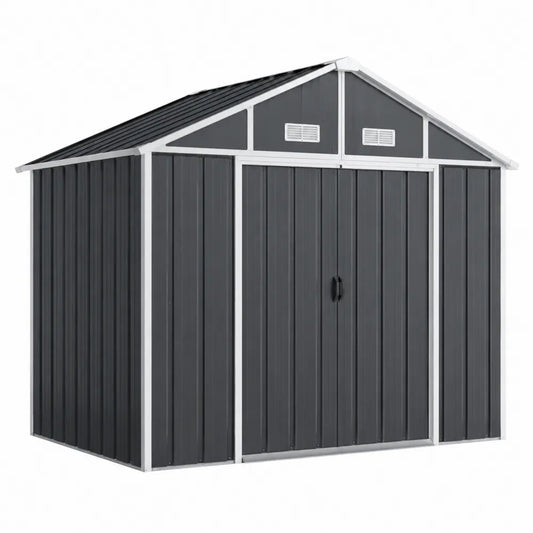 Abri de jardin en acier galvanisé gris anthracite et blanc avec toit double pente 257 cm x 205 cm x 203 cm