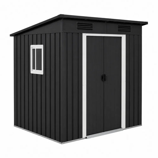 Abri de rangement extérieur en acier galvanisé noir et blanc avec double porte battante et fenêtre 213 cm x 191 cm x 195 cm