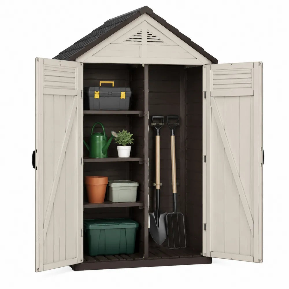 Abri de rangement extérieur en résine PP beige et brun avec double porte 130 cm x 74 cm x 190 cm