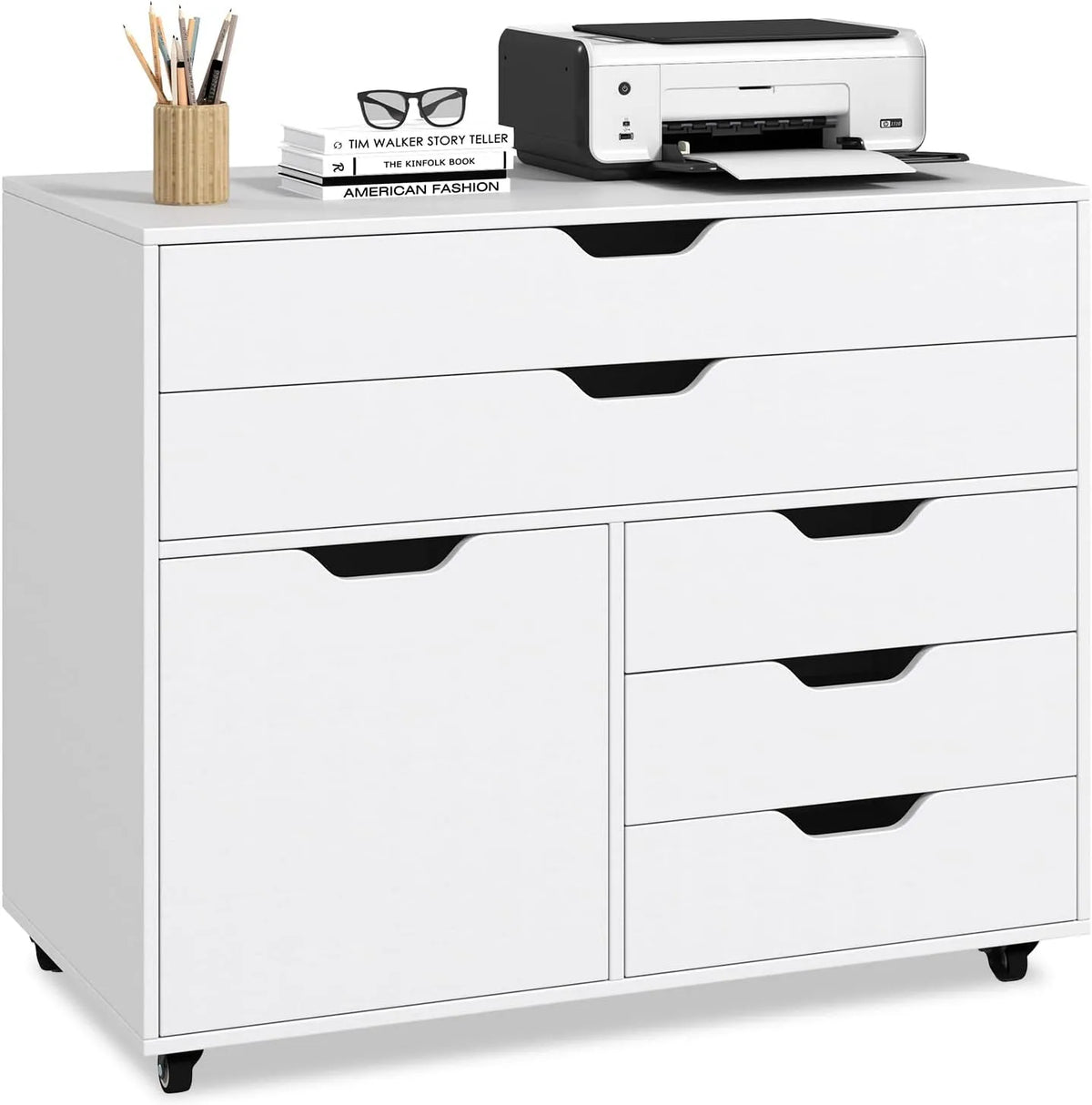 COSTWAY Imprimante multifonction: avec rangement, avec tiroirs, réglable, avec roulettes, 5 Tiroirs, 77, 5 × 40 × 64 cm, blanc