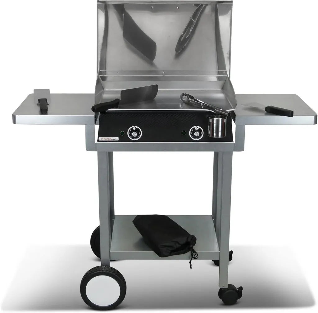 Ensemble Plancha Électrique LUX 600 avec Chariot et Accessoires - Acier Inoxydable - Finitions Carbone - Double Thermostat - Fabriqué en France - 60x45x20 cm
