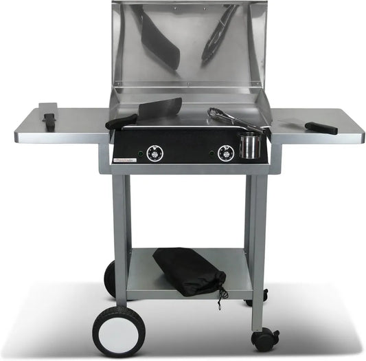 Ensemble Plancha Électrique LUX 600 avec Chariot et Accessoires - Acier Inoxydable - Finitions Carbone - Double Thermostat - Fabriqué en France - 60x45x20 cm