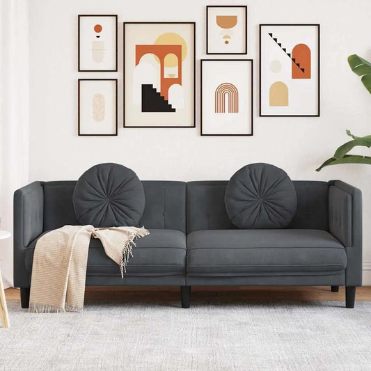 Canapé — revêtement en tissu, en bois, avec coussins, 3 places, gris, revêtement en velours
