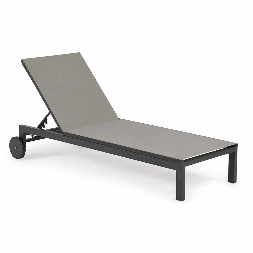 Bain de soleil de jardin réglable avec roulettes cadre acier thermolaqué noir et textilène gris 195 cm x 65 cm x 95 cm