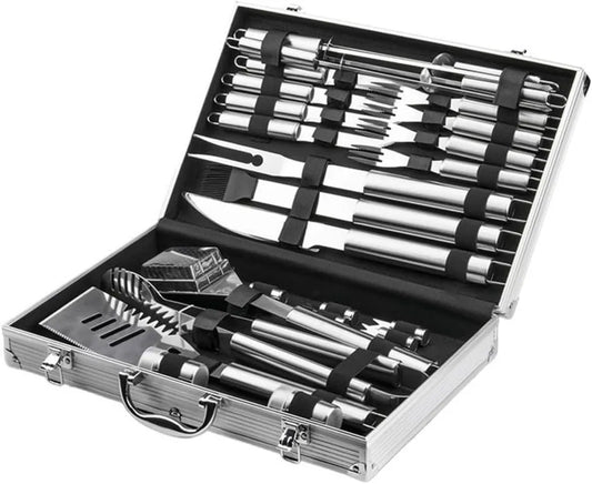 Kit d'Outils pour Barbecue en Acier Inoxydable avec Boîte de Rangement en Aluminium