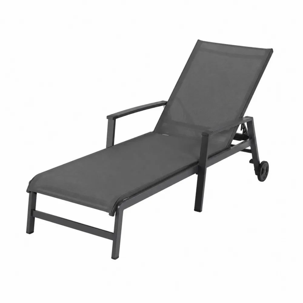 Bain de soleil inclinable 190 cm x 68 cm x 95 cm en textilène et acier thermolaqué anthracite avec roues