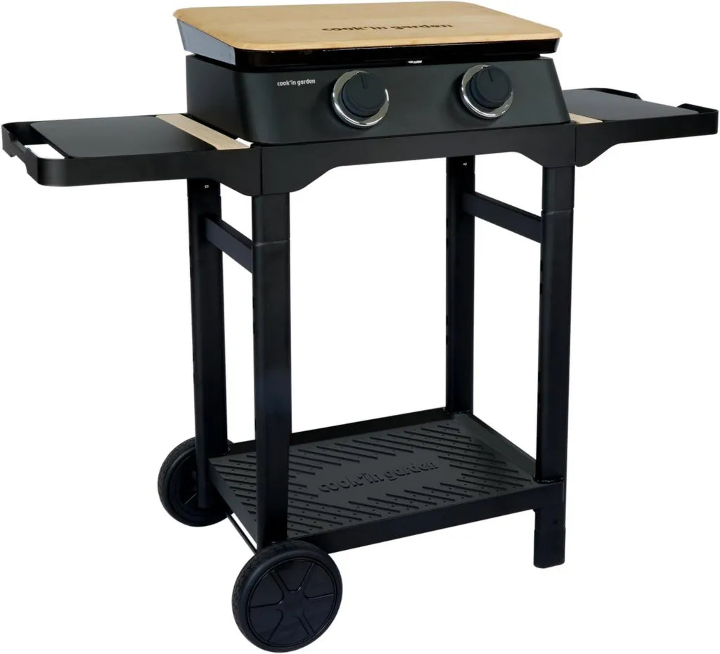 Plancha à Gaz sur Chariot Dune 60 SC, 2 Brûleurs en Inox, Plaque en Fonte Émaillée, Bac à Graisse Amovible, Capot Offert, Pour 10 Personnes