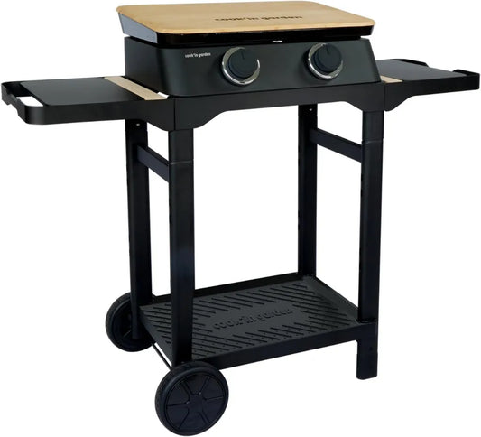 Plancha à Gaz sur Chariot Dune 60 SC, 2 Brûleurs en Inox, Plaque en Fonte Émaillée, Bac à Graisse Amovible, Capot Offert, Pour 10 Personnes