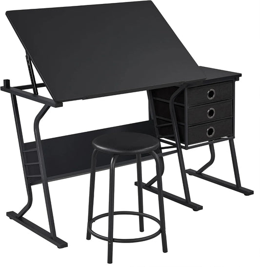 Bureau et table informatique – avec tiroirs, réglable, 3 Tiroirs, noir, inclinable