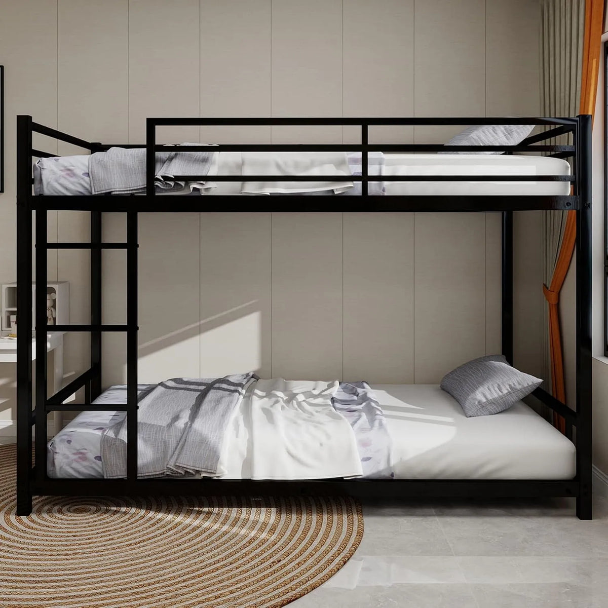 Lit superposé et lit mezzanine: en métal, avec échelle, 90 × 190 cm, noir, revêtement en tissu