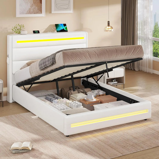 Lit Coffre 140x200 à LED – en bois, affichage LED, 140 × 200, blanc