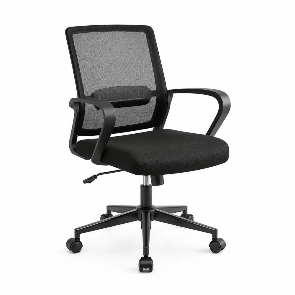 Chaise de bureau pivotante dossier en maille polyester noir avec accoudoirs et base nylon noir 60 cm x 58 cm x 88 à 98 cm