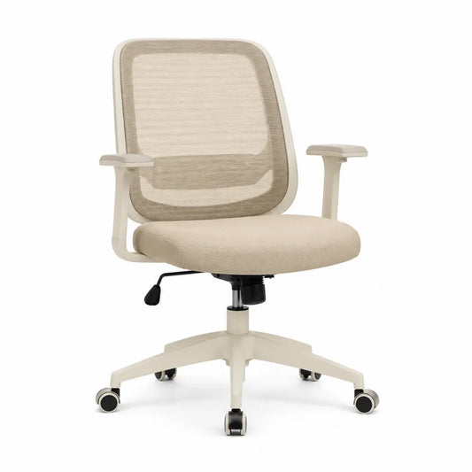 Chaise de bureau pivotante dossier en maille polyester beige avec accoudoirs et base nylon crème 60 cm x 60 cm x 90 à 100 cm