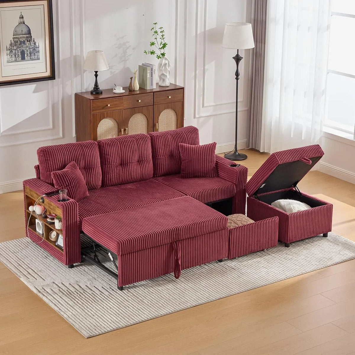 Canapé d'angle et canapé panoramique — en velours côtelé, avec rangement, convertible, avec port USB, 3 Places, avec éclairage LED