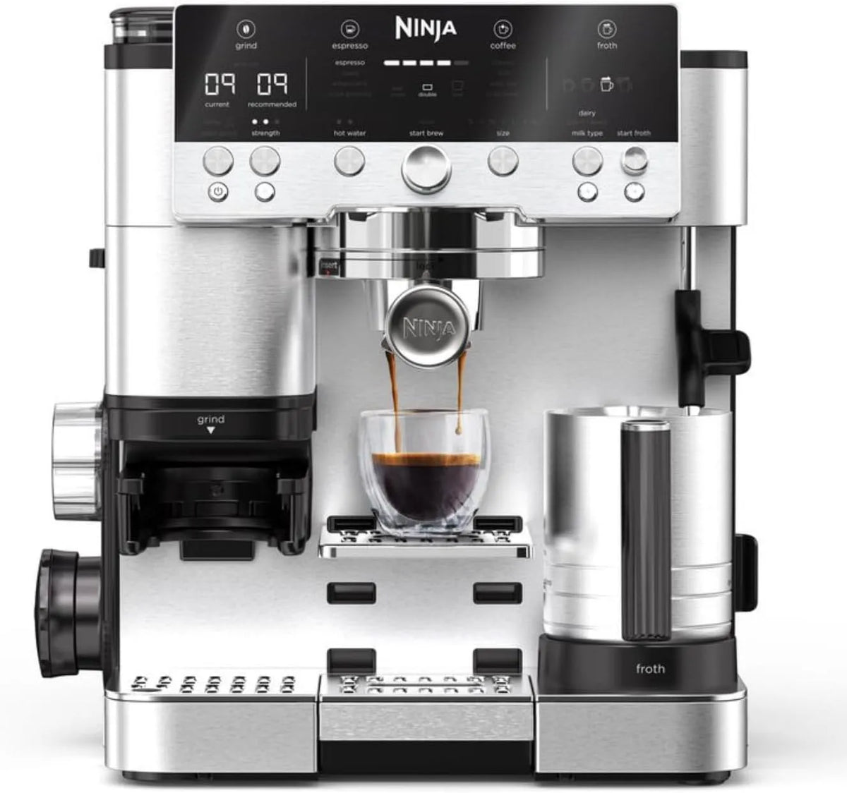 Ninja Machine a cafe a grain barista 3 en 1, Luxe Premier, Latte, Cappuccino ES601EU, 4 préréglages, Infusion à froid et Espresso avec broyeur à