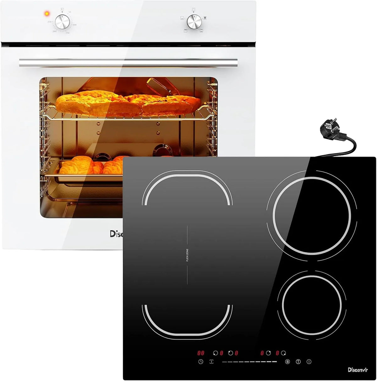 Four électrique, 60 cm, 65 L, 4 foyers, 3500 W, 4 programmes, encastrable, zone flexible, vapeur, blanc, 4 fonctions+Disaenvir Plaque Induction 4 Feux