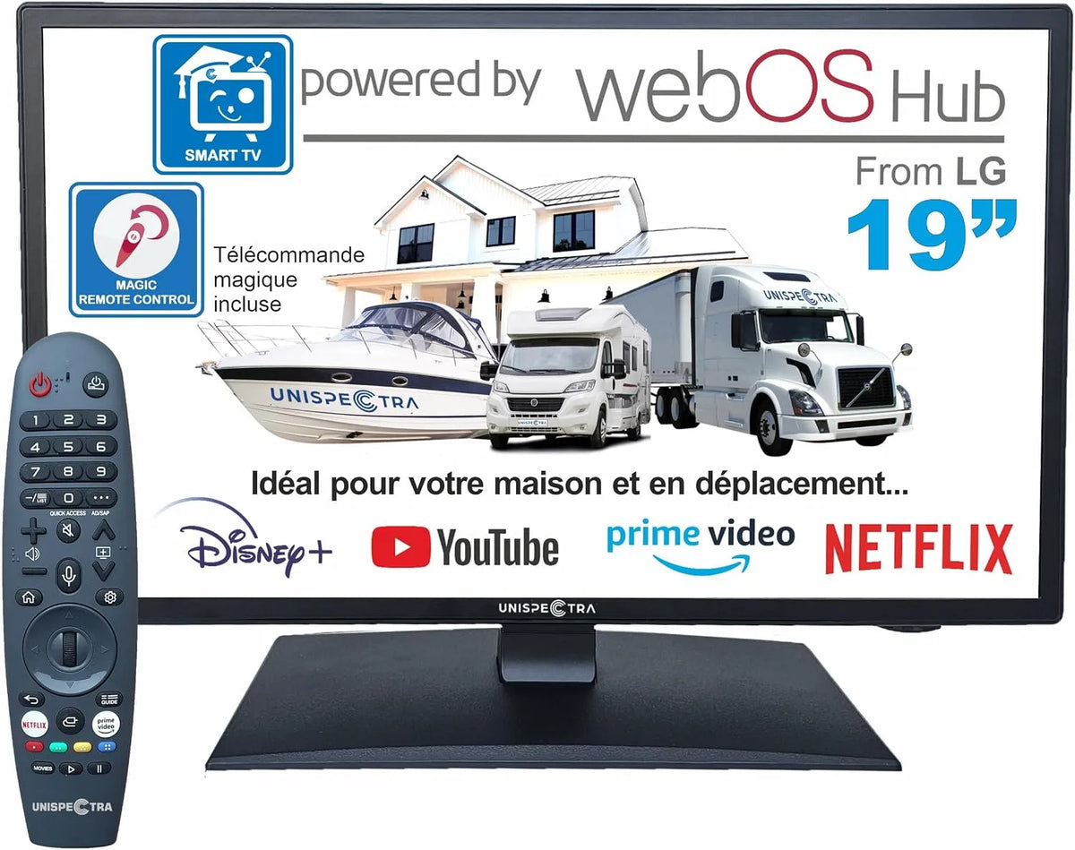 Smart TV 3xHDMI 2xUSB., 12 V, 3 HDMI, 2 USB, téléviseur, HDR, webOS, camping, Unispectra ® 19' Smart TV, caravanes, fourgonnettes, Bateaux