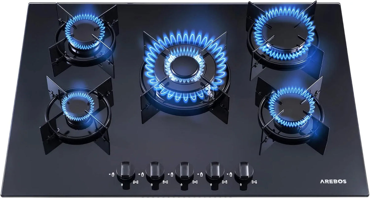 Plaque de cuisson à gaz, 70 cm, encastrable, fonte, table de cuisson à gaz, Verre trempé, Compatible gaz naturel et propane, Sécurité d'allumage