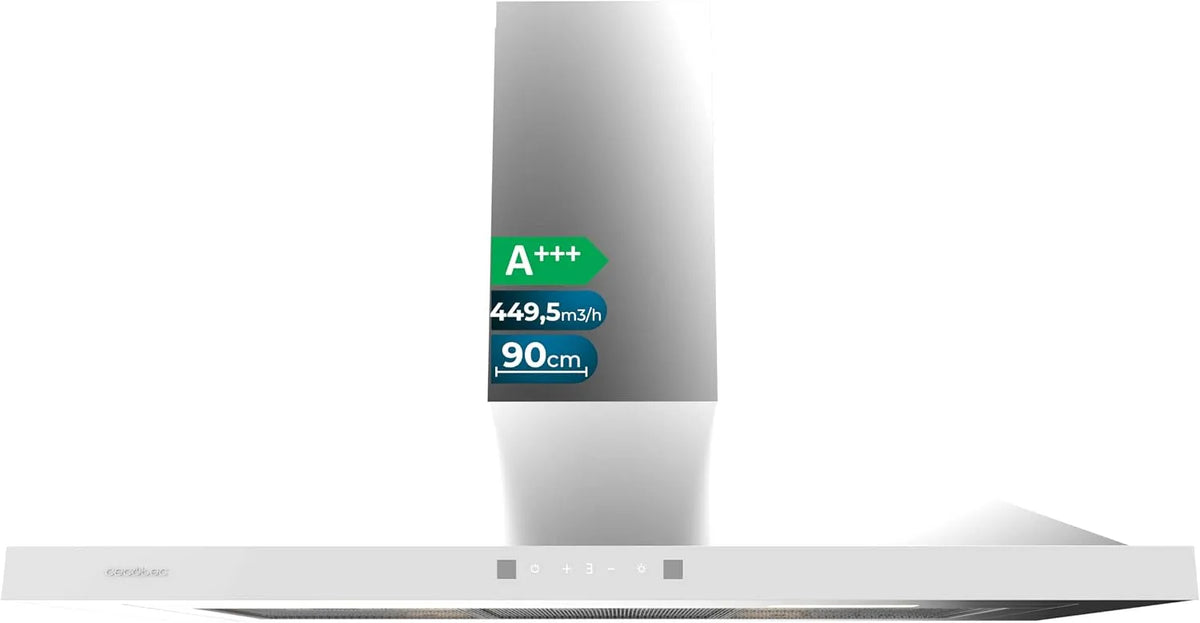 Cecotec Bolero Flux PT Hotte aspirante, 90 cm, 449, 5 m3/h, classe énergétique A, hotte de cuisine, Boost, tactile, acier inoxydable, blanc, Commande
