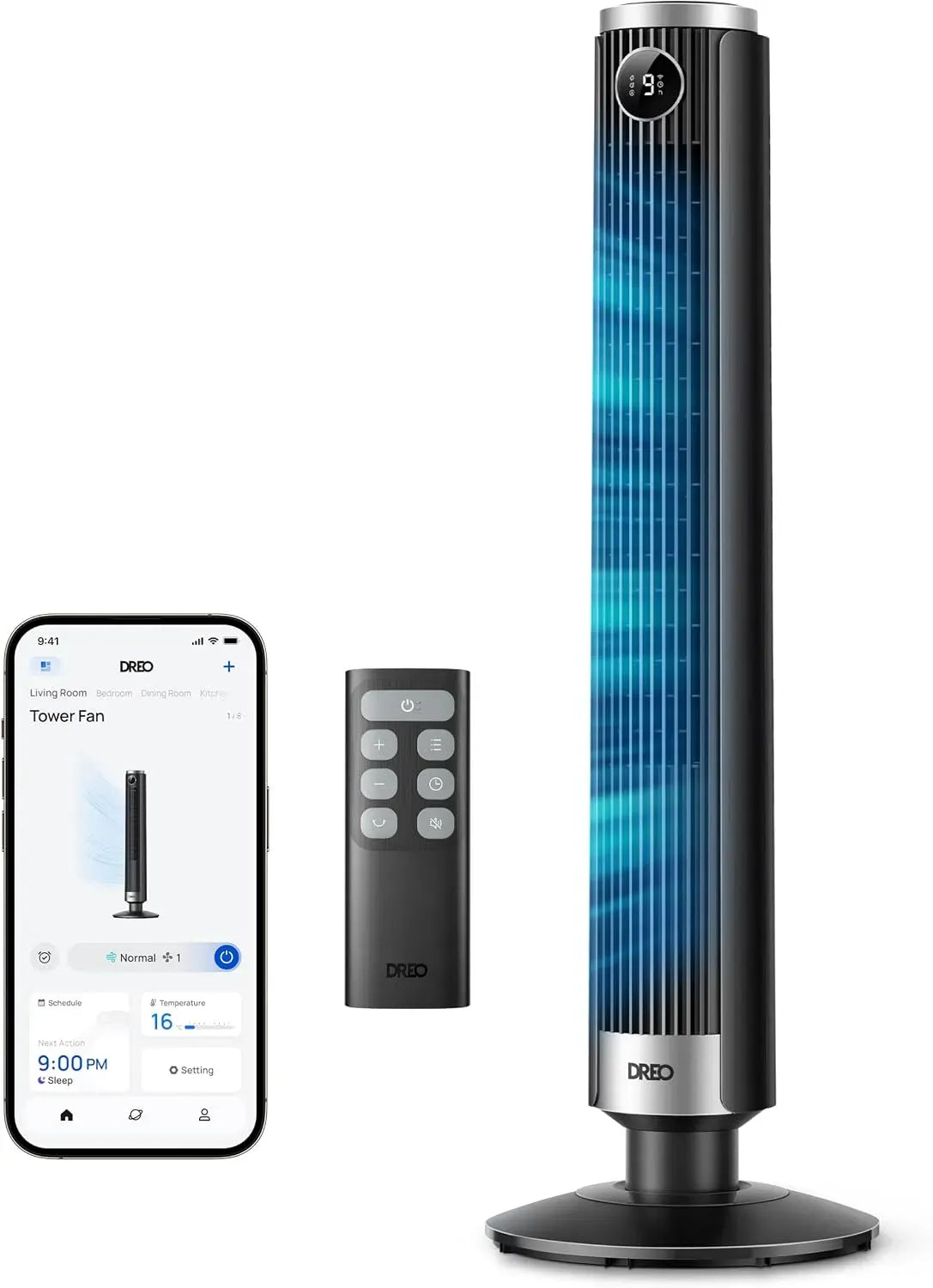 Google 554S Ventilateur, 114 cm, 20 dB, minuteur, oscillation, silencieux, Google Assistant, Alexa et Siri, oscillation 90°, 4 modes, 9 vitesses