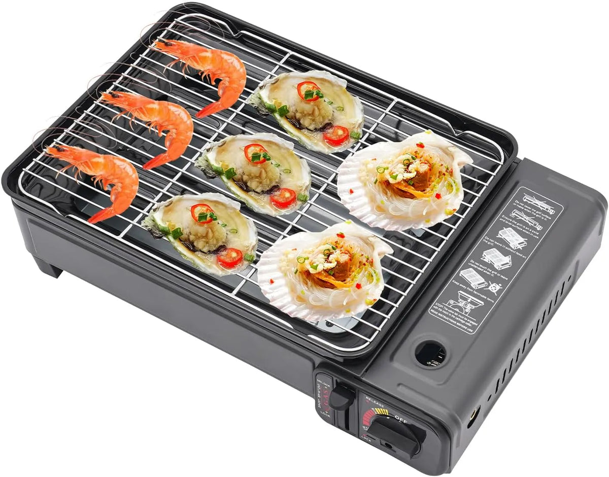 Plaque de cuisson à gaz, portable, camping, table de cuisson à gaz, petit barbecue à gaz avec filet et plaque de barbecue, trekking, fêtes sur la