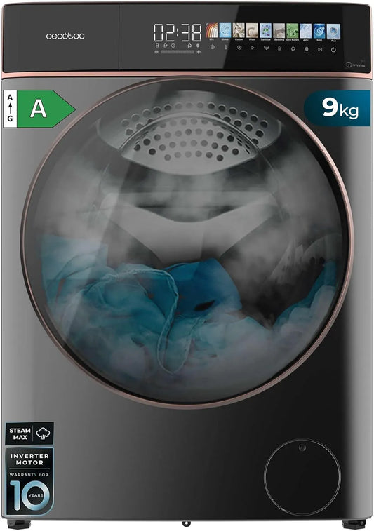 Cecotec Bolero DressCode 9900 Lave-linge, 10, 3 pouces, 11 programmes, 9 kg, classe énergétique A, Inverter, Finition Acier 1400 Tr, min, SteamMax