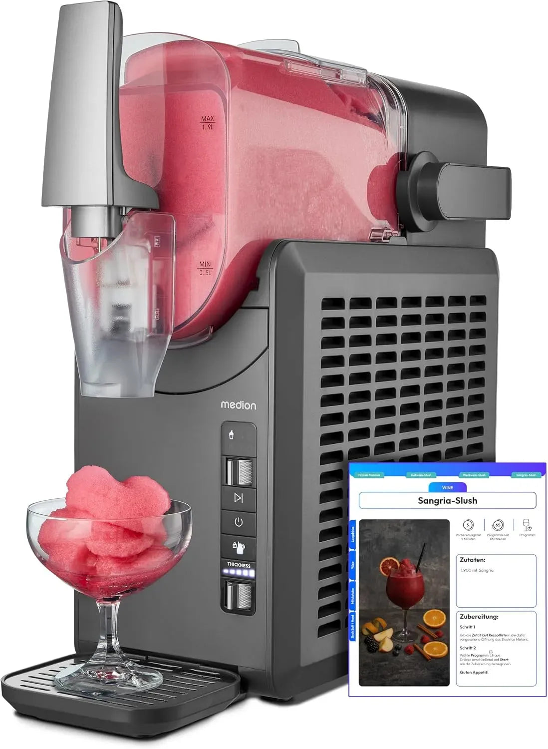 MD12090 Machine à granit, 2,6 L, 1,9 L, grand réservoir, 5 modes, bois, pour boissons, MEDION